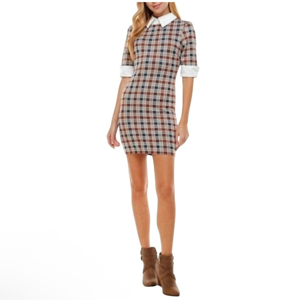 Kingston Grey Women’s Plaid Mini Dress White Collar Cuffs Size M NWT Stretc Blue